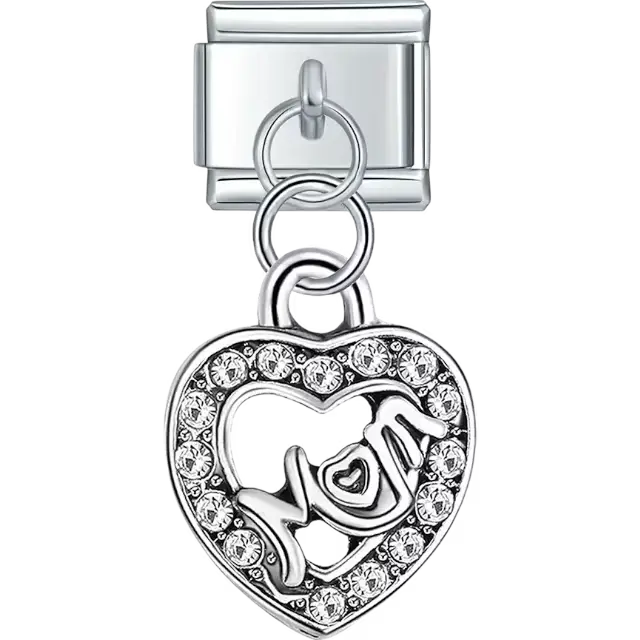 Dangling heart design with "Mom" text and embedded clear stones Italian charm bracelet link