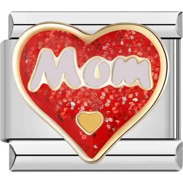 Gold heart with glittery red details white "Mom" text and a small gold heart Italian charm bracelet link