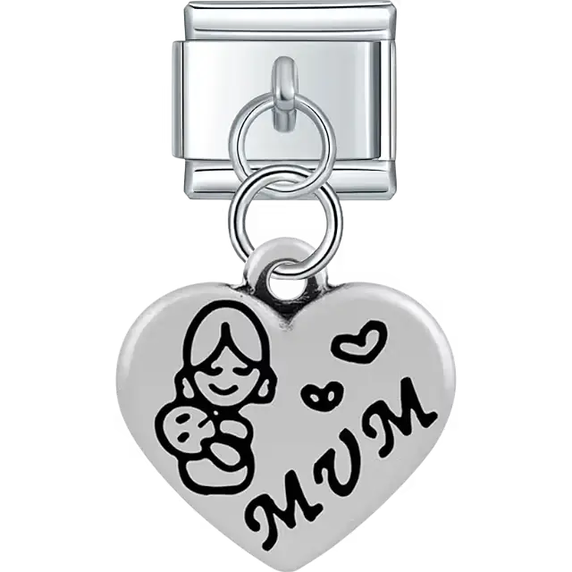Heart with "Mom" text mother child hearts dangle Italian charm bracelet link