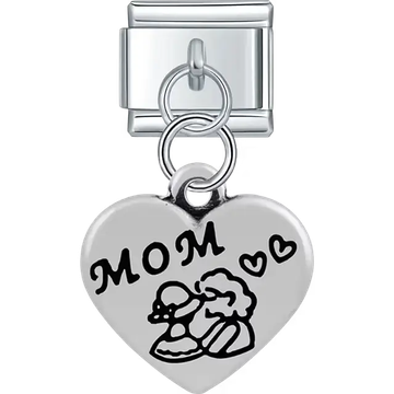 Heart with "MOM" text mother child figure hearts dangle Italian charm bracelet link