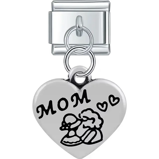 Heart with "MOM" text mother child figure hearts dangle Italian charm bracelet link