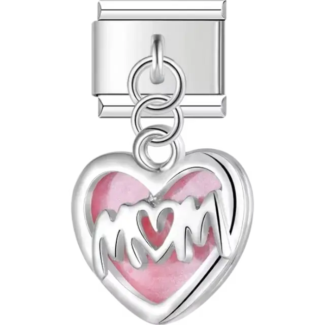 Heart-shaped dangle with "Mom" text and pink background Italian charm bracelet link
