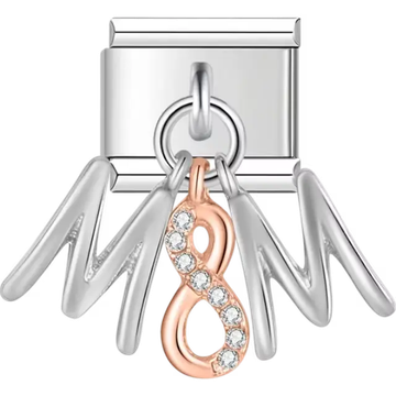 Silver "MOM" letters with rose gold infinity and gemstone detail dangle Italian charm bracelet link
