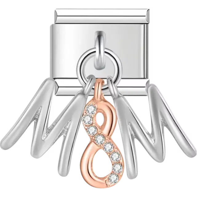 Silver "MOM" letters with rose gold infinity and gemstone detail dangle Italian charm bracelet link