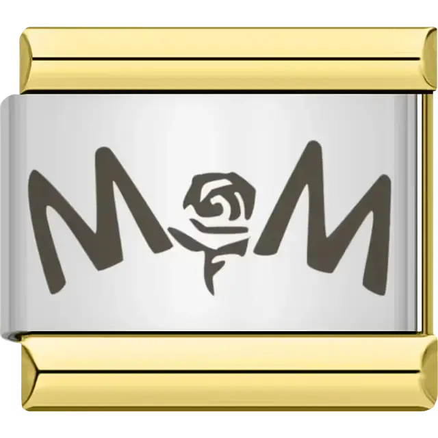 Black text spelling "MOM" with a rose replacing the letter "O" Italian charm bracelet link