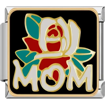Rose with “Mom” text on black background Italian charm bracelet link