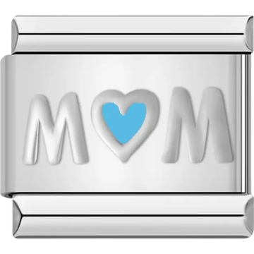 "Mom" with a blue heart in place of the "O" Italian charm bracelet link