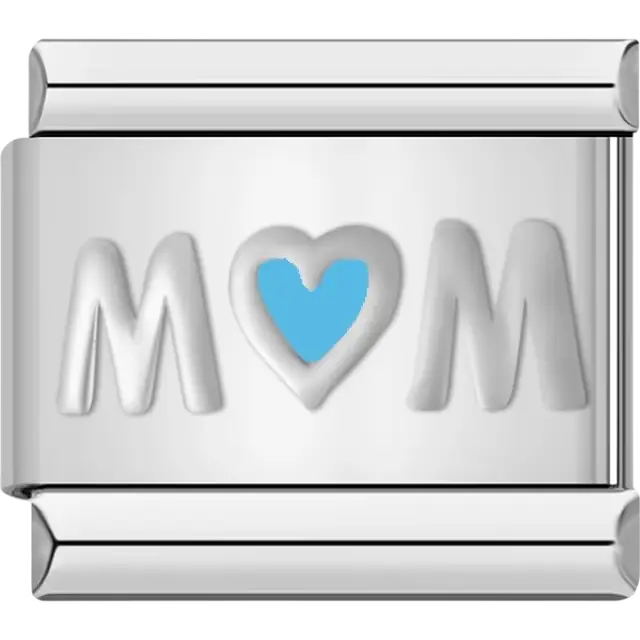 "Mom" with a blue heart in place of the "O" Italian charm bracelet link