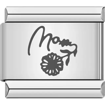 "Mom" text with small flower accent Italian charm bracelet link