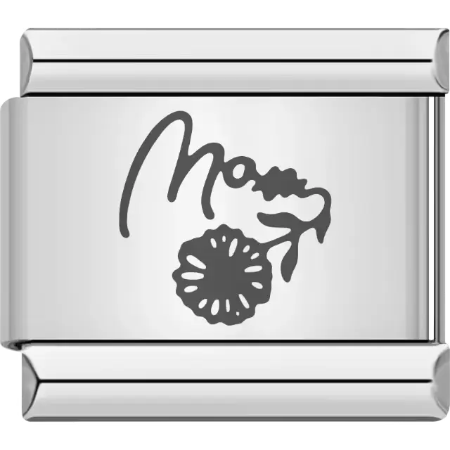"Mom" text with small flower accent Italian charm bracelet link