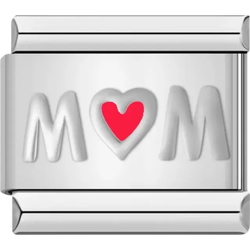 "Mom" with a red heart in place of the "O" Italian charm bracelet link