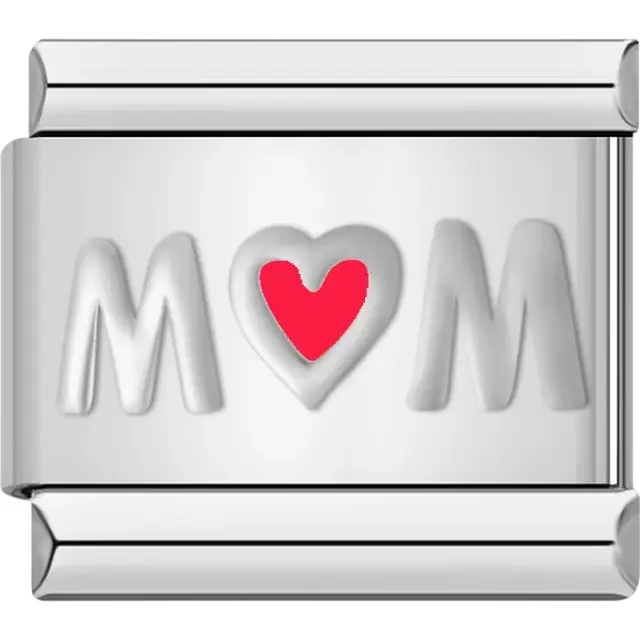 "Mom" with a red heart in place of the "O" Italian charm bracelet link