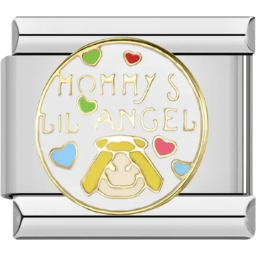 “Mommy’s Lil Angel” text with colorful hearts and angel on a white background Italian charm bracelet link