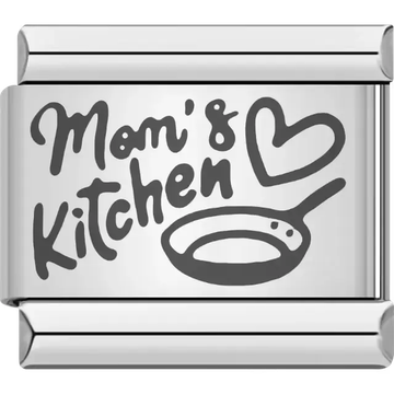 Black "Mom's Kitchen" text with a frying pan and heart design Italian charm bracelet link