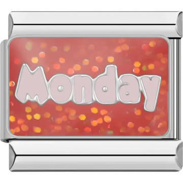 “Monday” text on a shimmering red Italian charm bracelet link