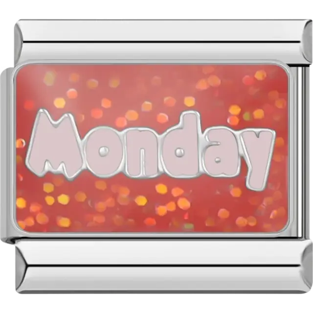 “Monday” text on a shimmering red Italian charm bracelet link