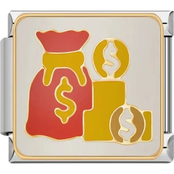 Gold and red money bag with stacked gold coins featuring dollar symbols Italian charm bracelet link