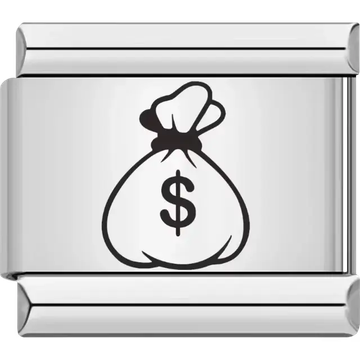Money bag design with dollar symbol Italian charm bracelet link