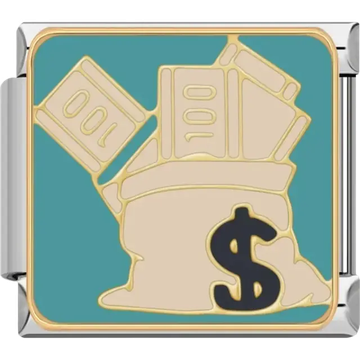 Golden money bag with dollar sign and bills Italian charm bracelet link