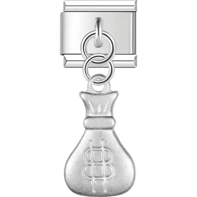 Silver money bag dollar sign dangle pendant Italian charm bracelet link