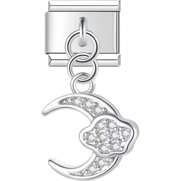 Crescent moon and cloud design with crystal accents Italian charm bracelet link