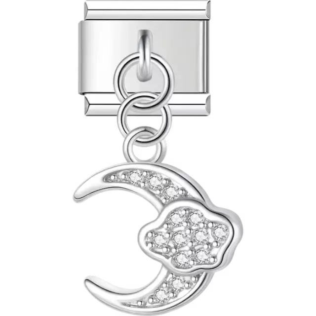 Crescent moon and cloud design with crystal accents Italian charm bracelet link