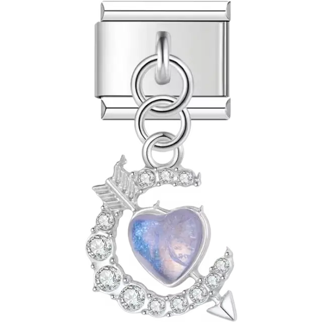 Crescent moon adorned with clear gemstones, a heart-shaped blue gemstone, and an arrow accent Italian charm bracelet link