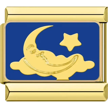 Gold crescent moon with star and cloud on blue background Italian charm bracelet link
