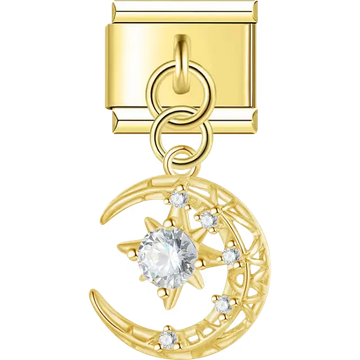 Gold crescent moon and star with crystals dangle Italian charm bracelet link