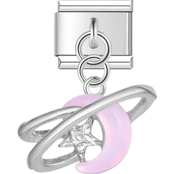 Pink crescent moon and star orbit dangle Italian charm bracelet link