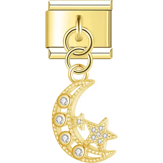 Gold moon and star with crystals dangle Italian charm bracelet link