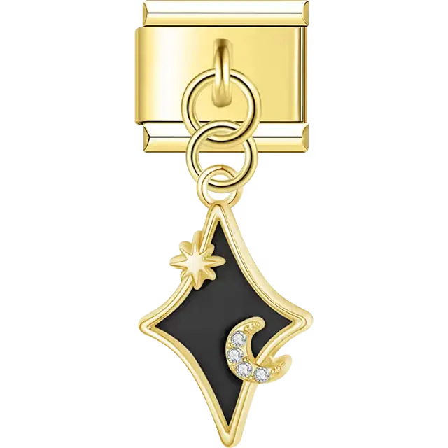 Diamond-shaped charm with a glittering crescent moon and star accent over black enamel background dangle Italian charm bracelet link