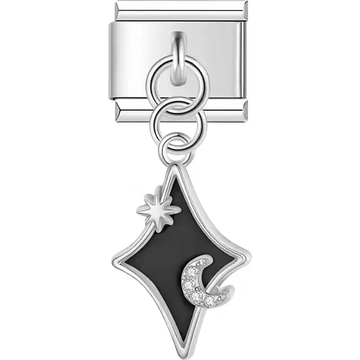 Diamond-shaped charm with a glittering crescent moon and star accent over black enamel background dangle Italian charm bracelet link