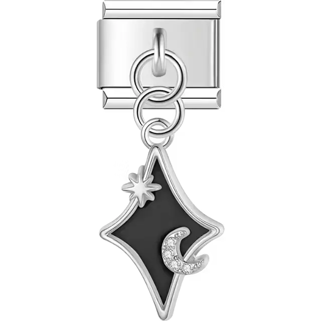 Diamond-shaped charm with a glittering crescent moon and star accent over black enamel background dangle Italian charm bracelet link