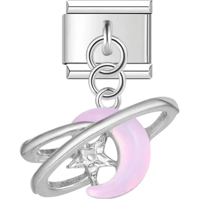Pink crescent moon and star orbit dangle Italian charm bracelet link