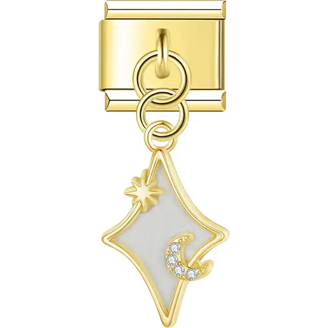 Diamond-shaped charm featuring a sparkling crescent moon and star design with a smooth enamel finish dangle Italian charm bracelet link