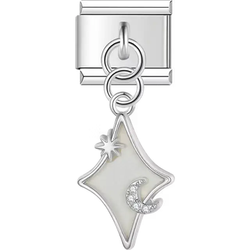 Diamond-shaped charm featuring a sparkling crescent moon and star design with a smooth enamel finish dangle Italian charm bracelet link