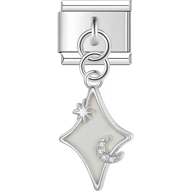 Diamond-shaped charm featuring a sparkling crescent moon and star design with a smooth enamel finish dangle Italian charm bracelet link