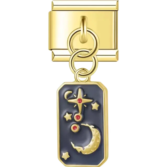 Moon and stars with red accents on a blue and black background Italian charm bracelet link