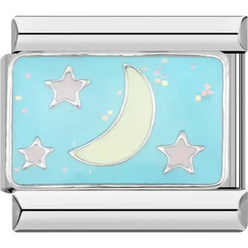 Crescent moon with silver stars on a light blue background Italian charm bracelet link