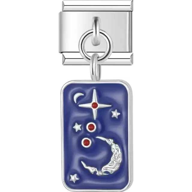 Moon and stars with red accents on a blue and black background Italian charm bracelet link