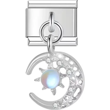 Crescent moon with gemstone accents and a glowing sun centerpiece Italian charm bracelet link