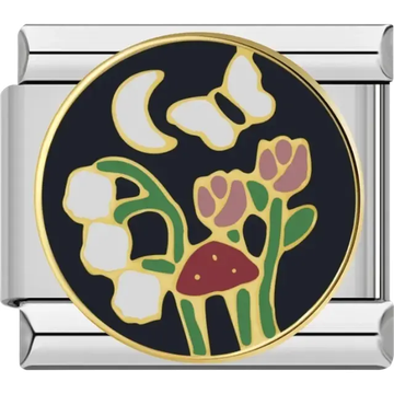 Round charm with moon butterfly flowers and mushroom Italian charm bracelet link