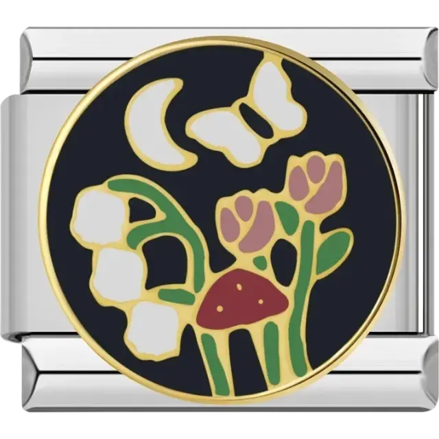 Round charm with moon butterfly flowers and mushroom Italian charm bracelet link