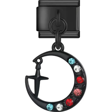 Black moon cross dangle with colorful crystal stones Italian charm bracelet link