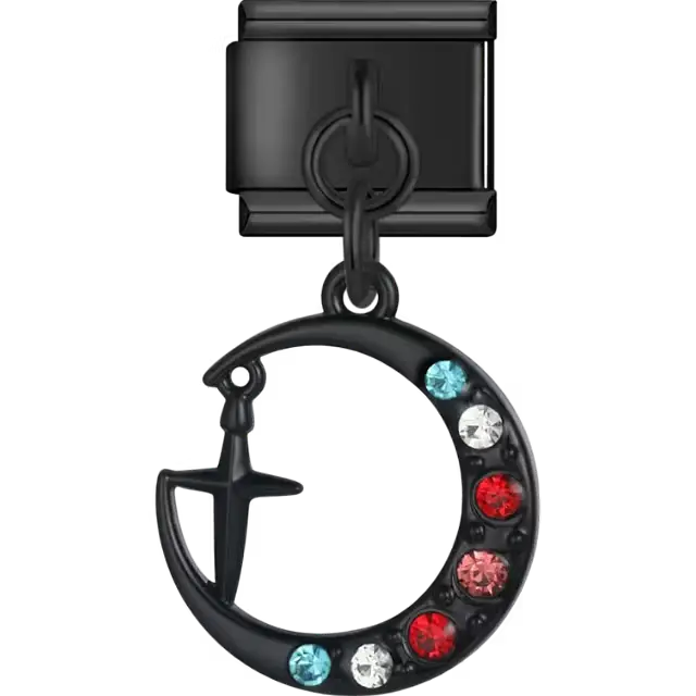 Black moon cross dangle with colorful crystal stones Italian charm bracelet link