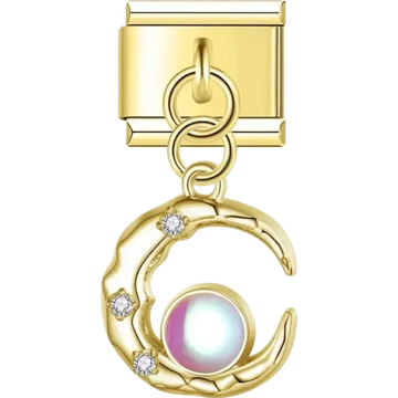 Crescent moon-shaped dangle with crystal accents and a luminous orb Italian charm bracelet link