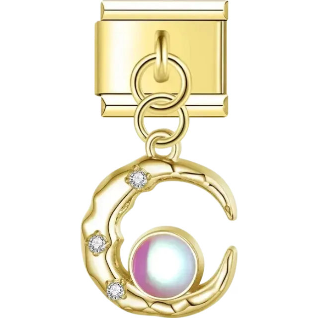 Crescent moon-shaped dangle with crystal accents and a luminous orb Italian charm bracelet link