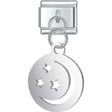 Silver crescent moon stars cutout dangle Italian charm bracelet link