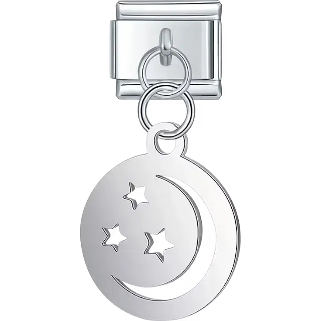 Silver crescent moon stars cutout dangle Italian charm bracelet link